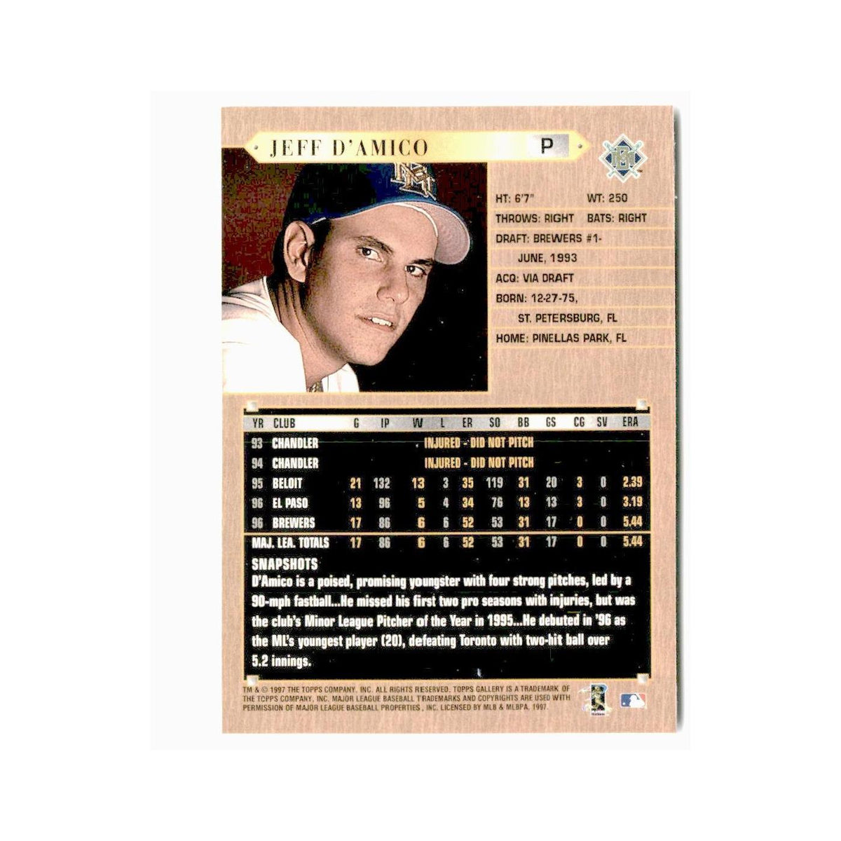Jeff D'Amico 1997 Topps Gallery #145 Milwaukee Brewers Baseball Card NM
