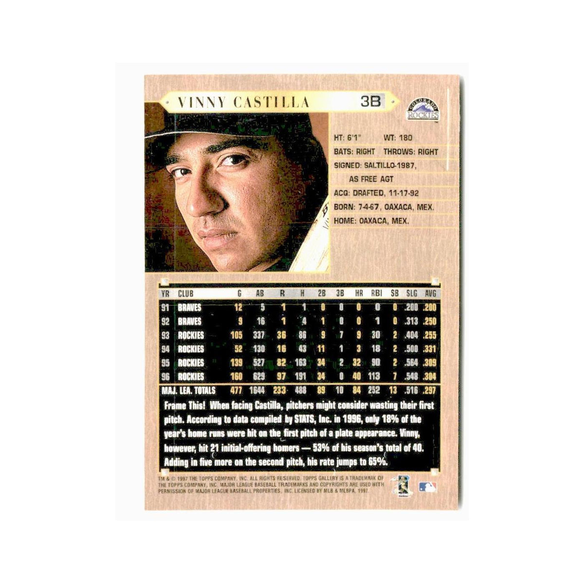Vinny Castilla 1997 Topps Gallery #107 Colorado Rockies Baseball Card NM