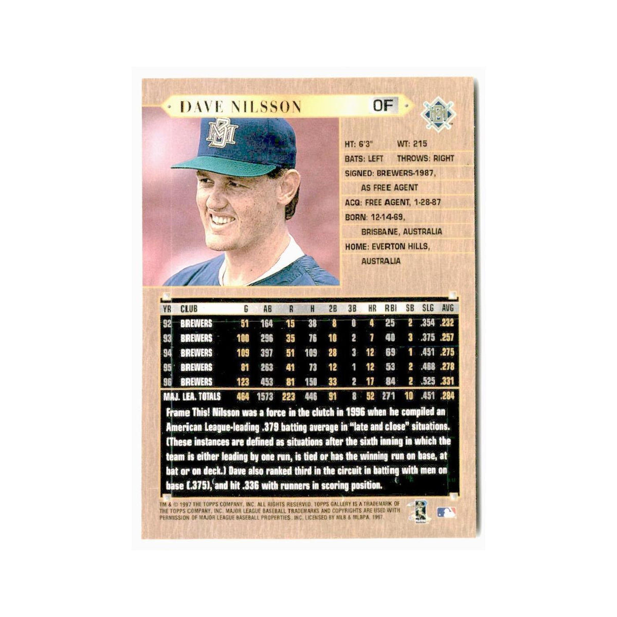 Dave Nilsson 1997 Topps Gallery #97 Milwaukee Brewers Baseball Card NM