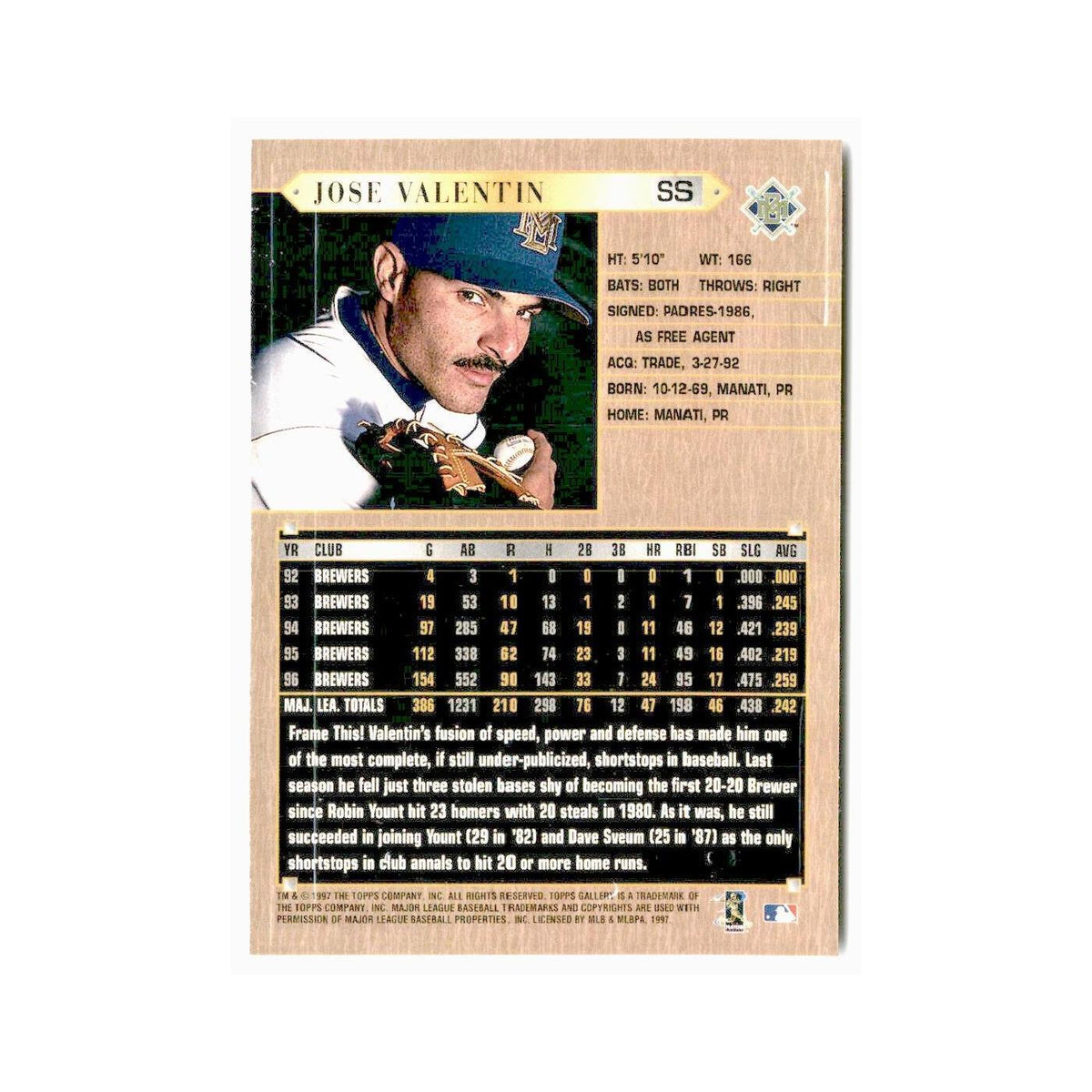 Jose Valentin 1997 Topps Gallery #135 Milwaukee Brewers Baseball Card NM
