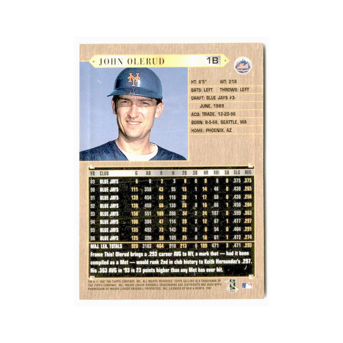John Olerud 1997 Topps Gallery #88 New York Mets Baseball Card NM