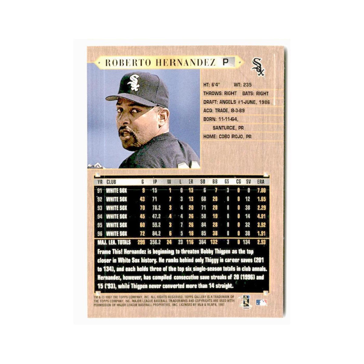 Roberto Hernandez 1997 Topps Gallery #104 Chicago White Sox Baseball Card NM