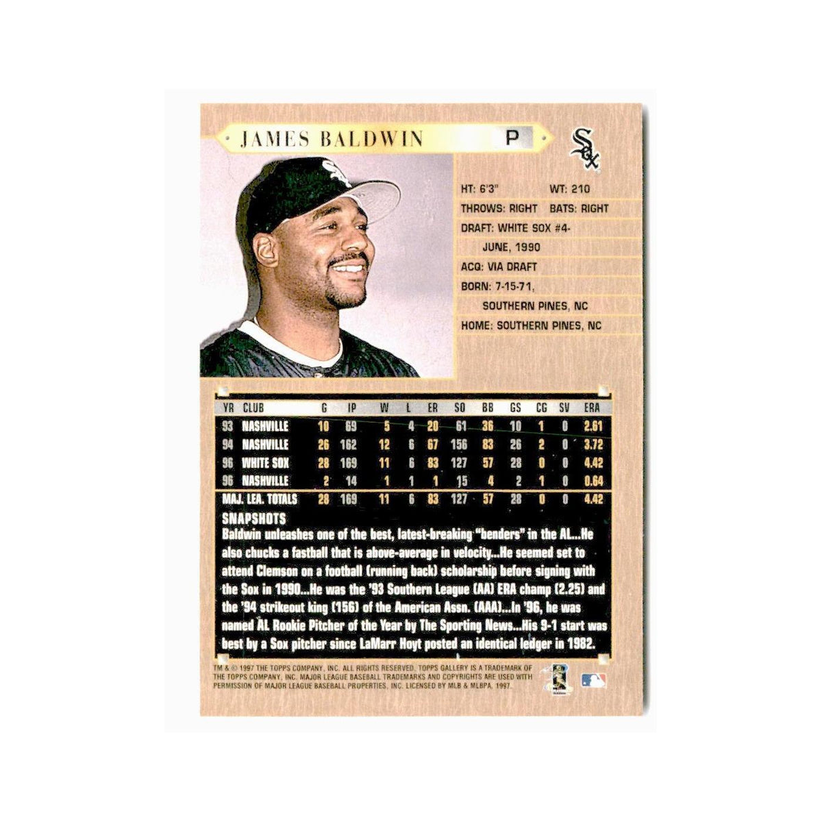 James Baldwin 1997 Topps Gallery #164 Chicago White Sox Baseball Card NM