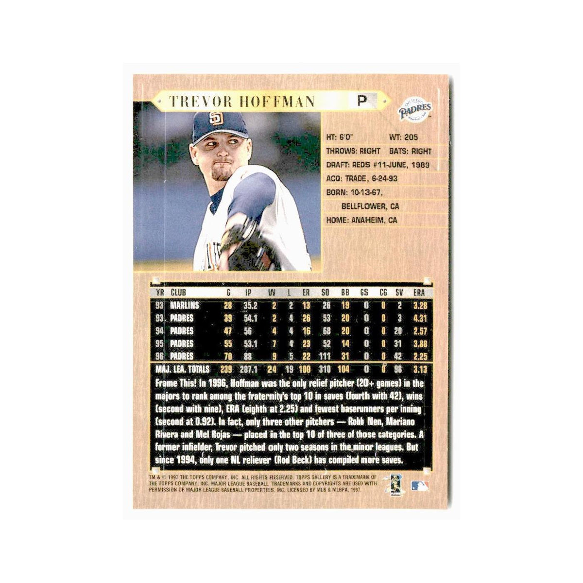 Trevor Hoffman 1997 Topps Gallery #130 San Diego Padres Baseball Card NM