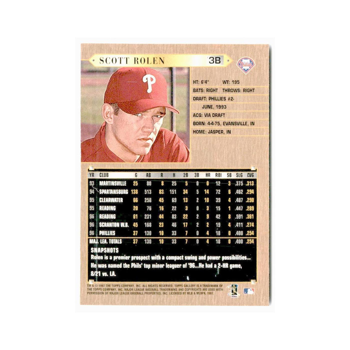 Scott Rolen 1997 Topps Gallery #154 Philadelphia Phillies Baseball Card NM