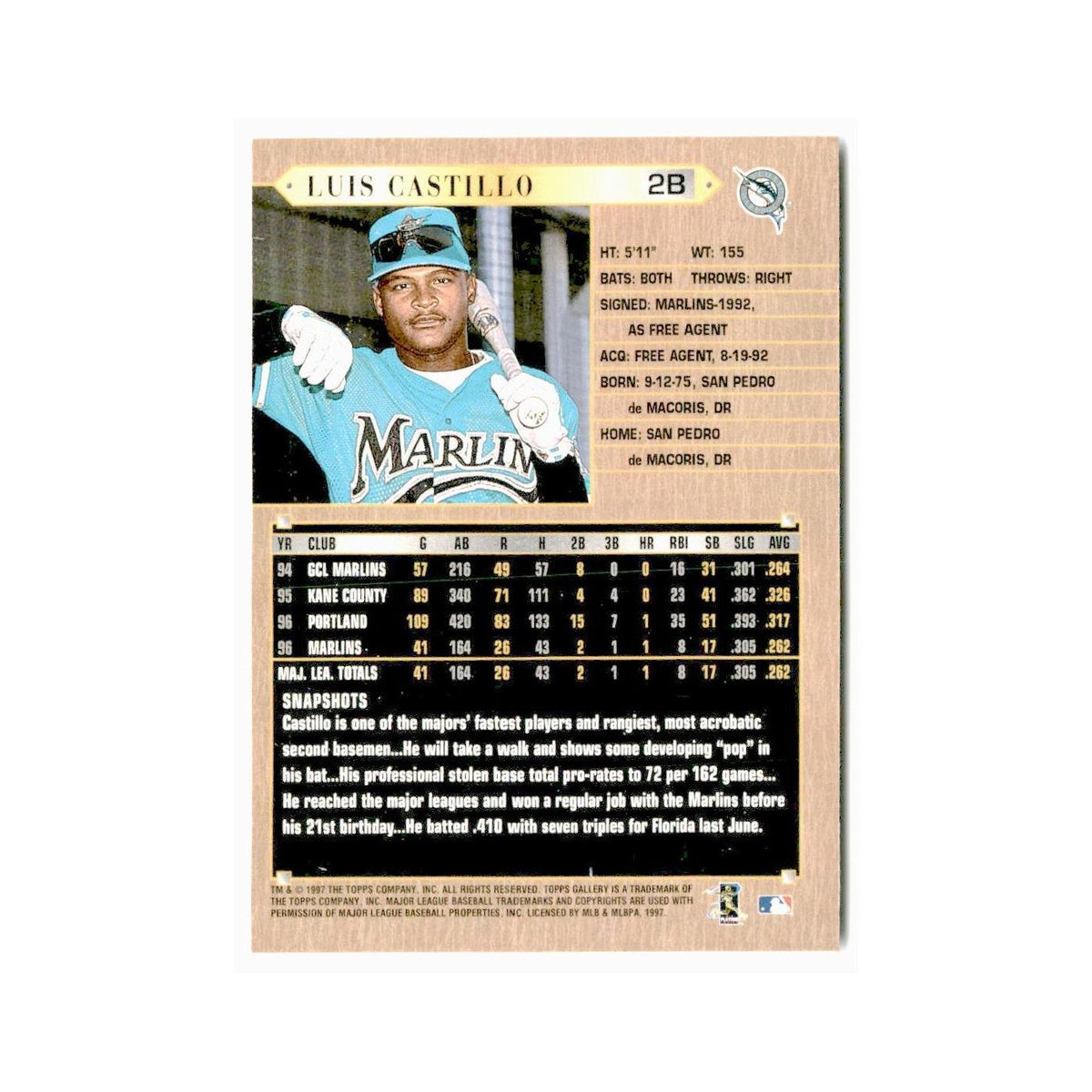 Luis Castillo 1997 Topps Gallery #143 Florida Marlins Baseball Card NM