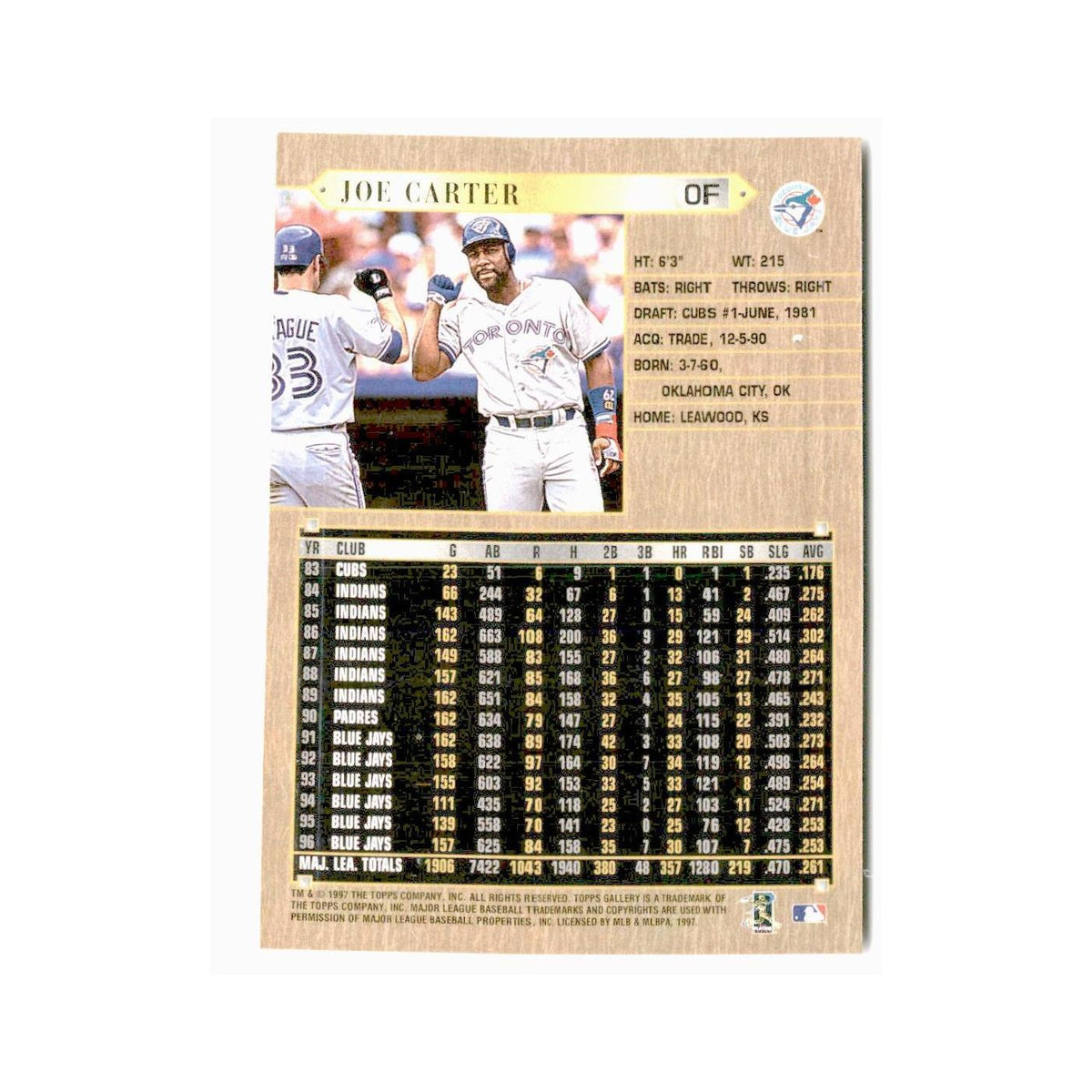 Joe Carter 1997 Topps Gallery #31 Toronto Blue Jays Baseball Card NM