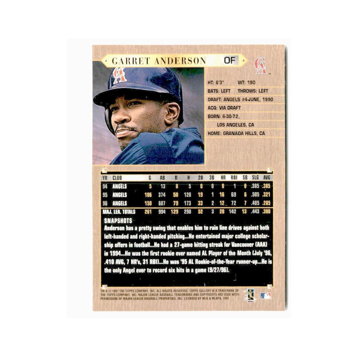 Garret Anderson 1997 Topps Gallery #157 Anaheim Angels Baseball Card NM