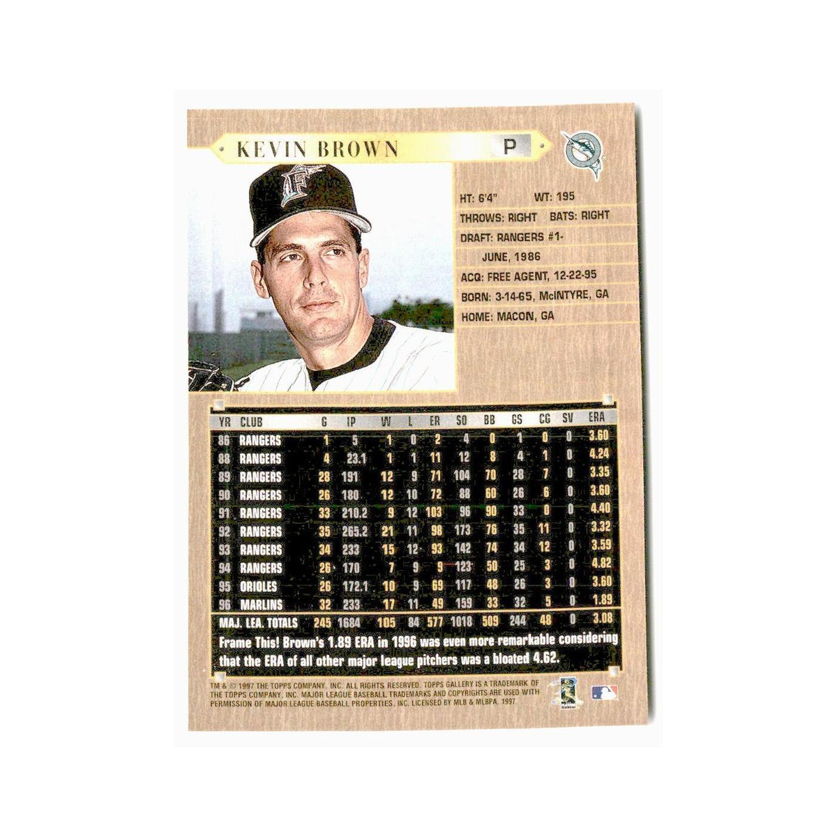 Kevin Brown 1997 Topps Gallery #18 Florida Marlins Baseball Card NM