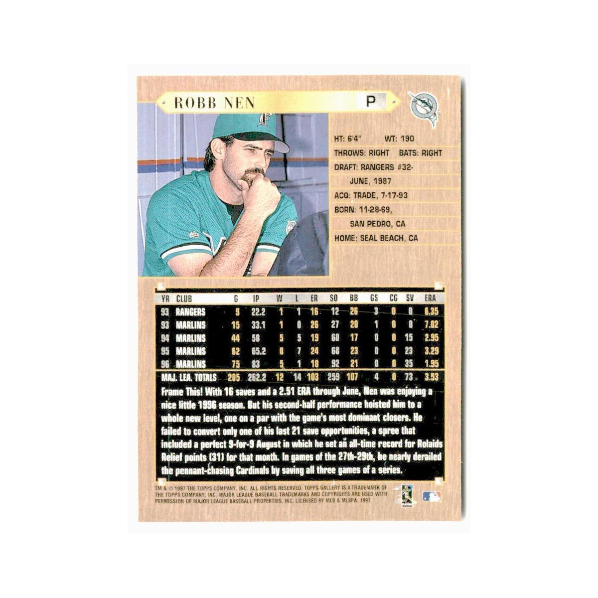 Robb Nen 1997 Topps Gallery #120 Florida Marlins Baseball Card NM