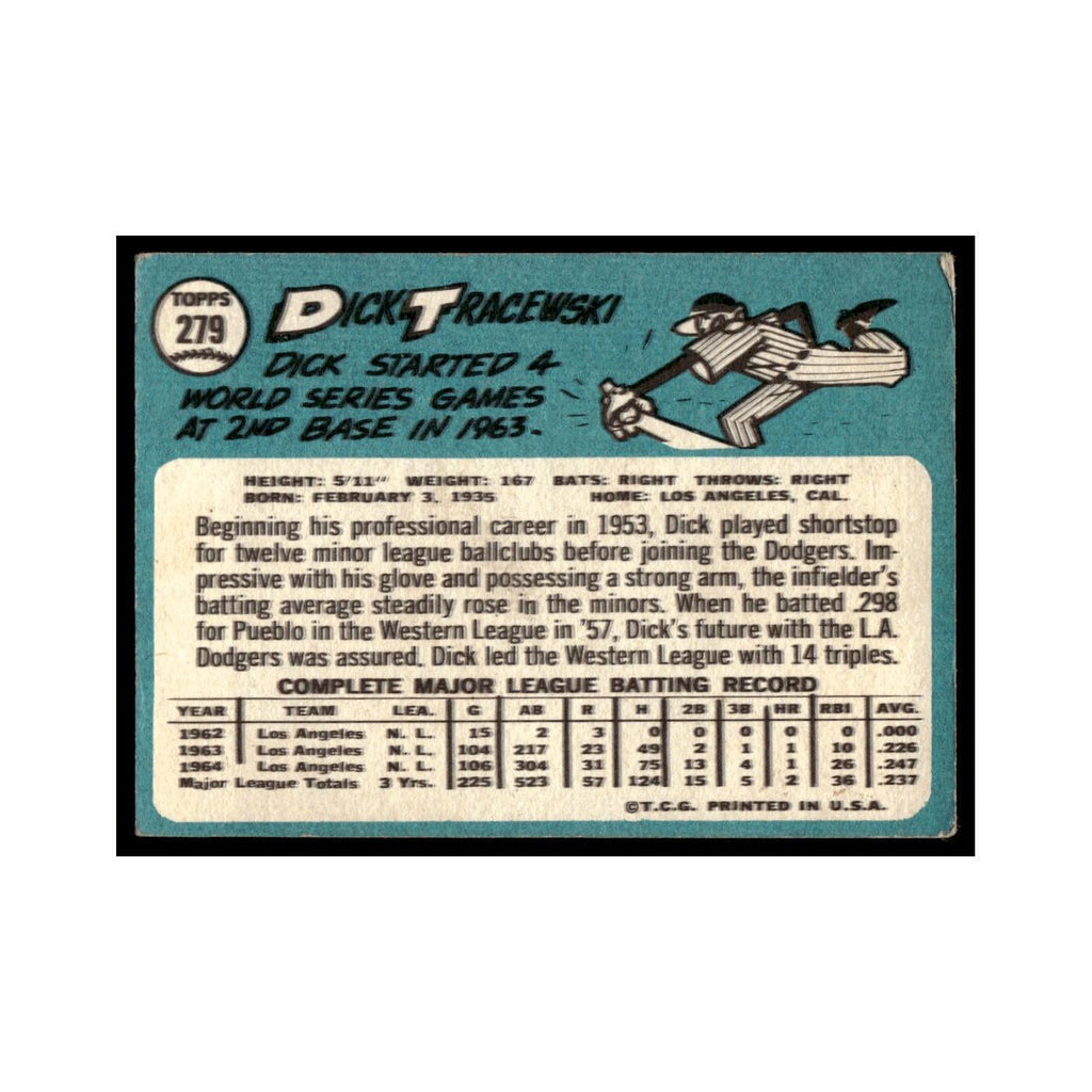 1965 Topps Baseball Card (Damaged) Dick Tracewski Dodgers #279