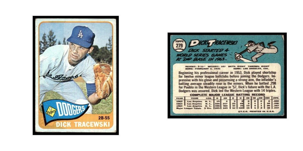 1965 Topps Baseball Card (Damaged) Dick Tracewski Dodgers #279