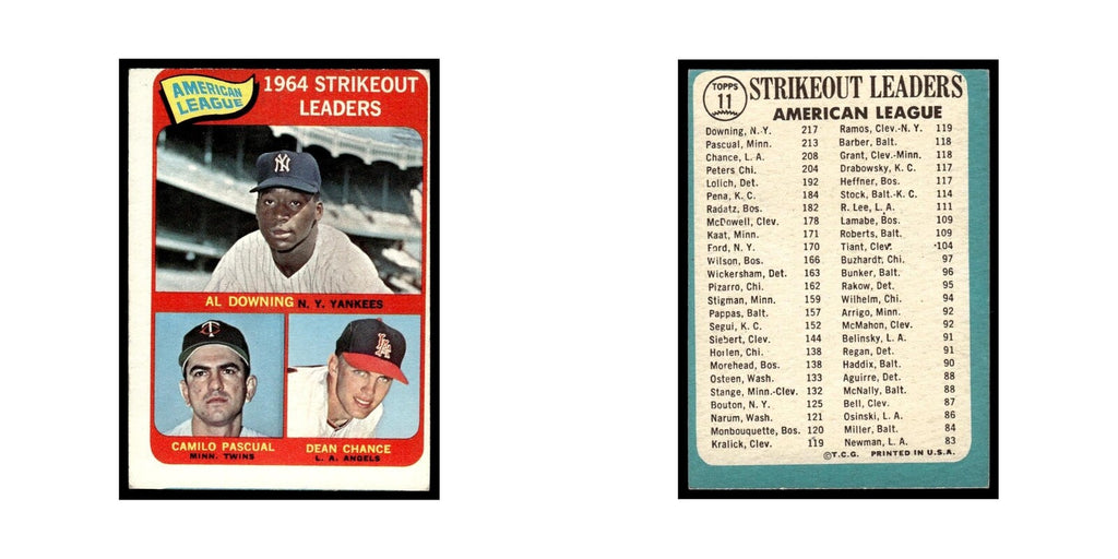 1965 Topps Baseball Card Al Downing/Camilo Pascual/Dean Chance #11