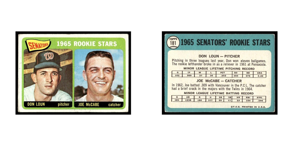 1965 Topps Baseball Card Don Loun/Joe McCabe RC Washington Senators #181