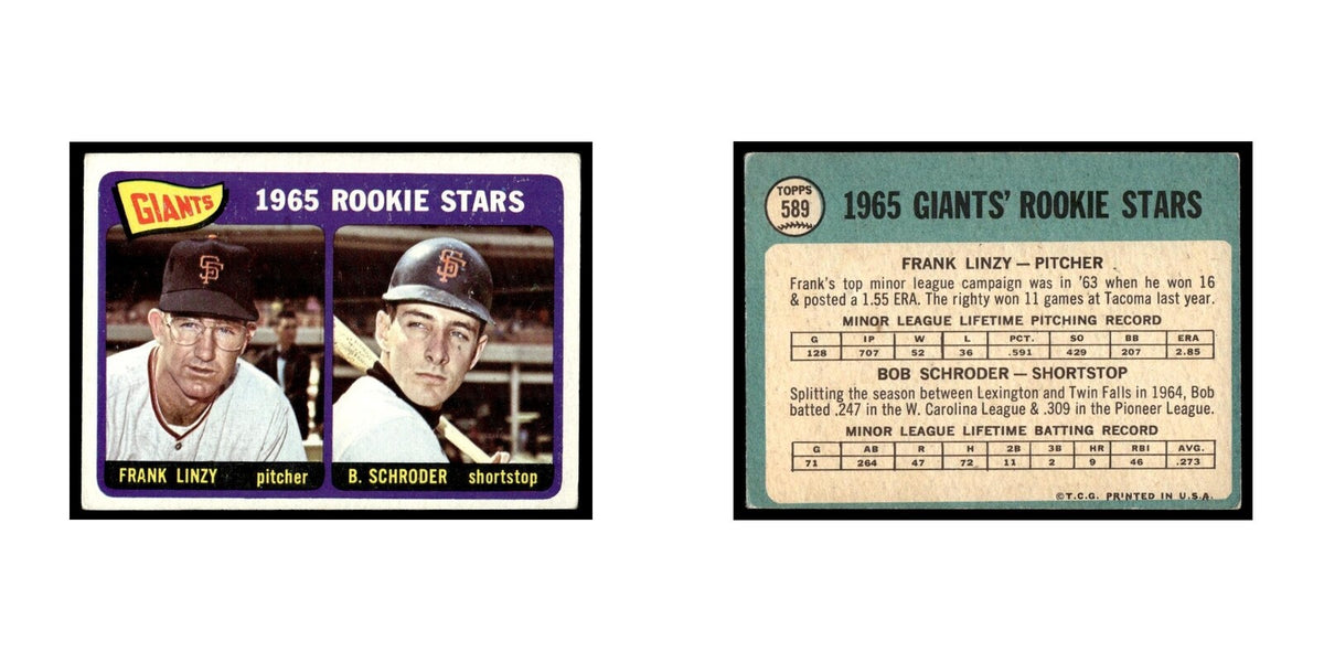 1965 Topps Baseball Card Frank Linzy/Bob Schroder RC Giants #589