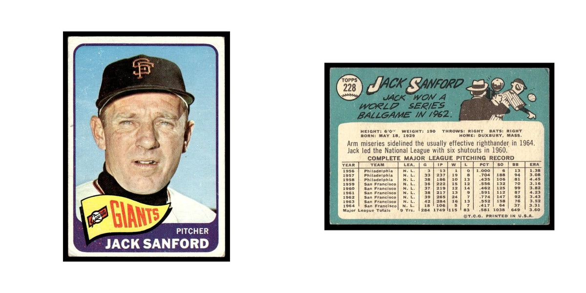 1965 Topps Baseball Card (Damaged) Jack Sanford Giants #228