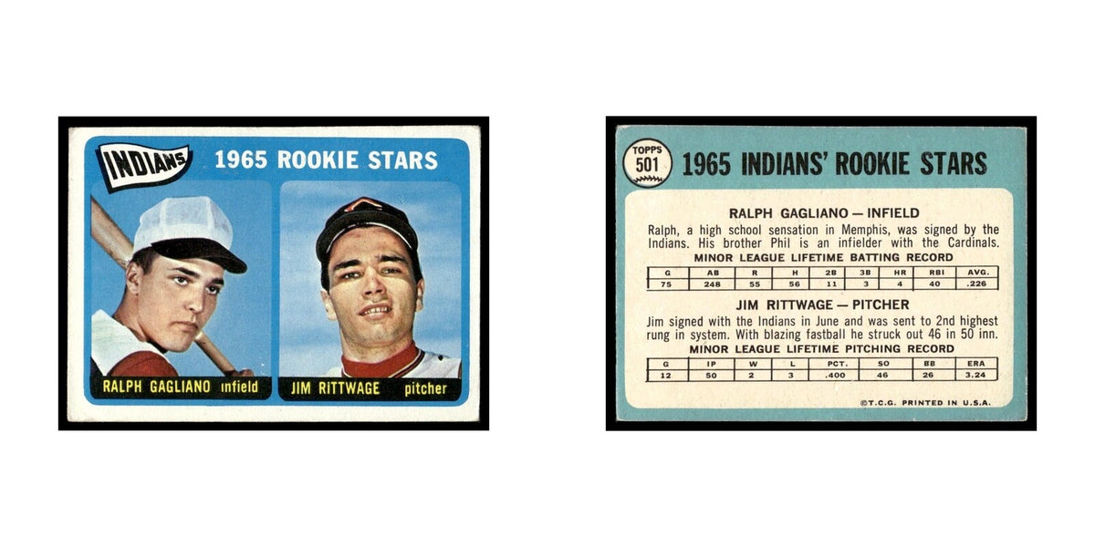 1965 Topps Baseball Card Ralph Gagliano/Jim Rittwage RC Indians #501