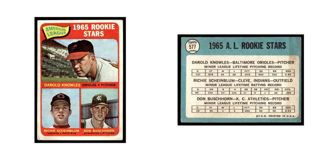 1965 Topps Baseball Card Darold Knowles/Richie Scheinblum/Don Buschhorn RC #577