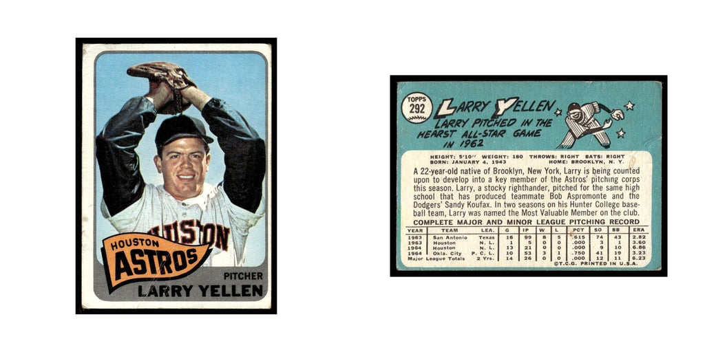 1965 Topps Baseball Card (Damaged) Larry Yellen Astros #292