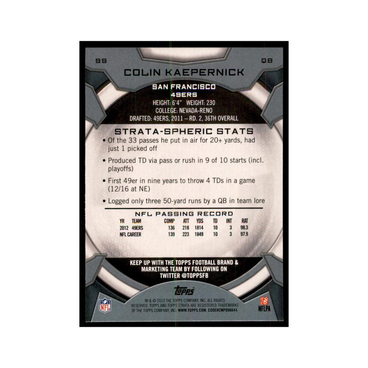 2013 Topps Strata Colin Kaepernick Football Cards #99