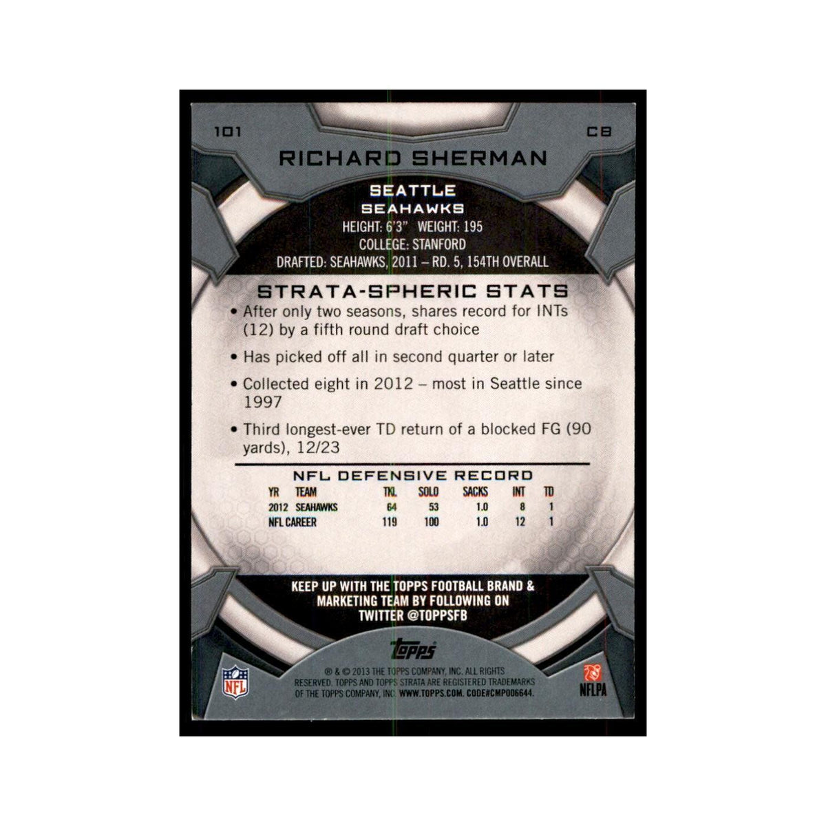2013 Topps Strata Richard Sherman Football Cards #101