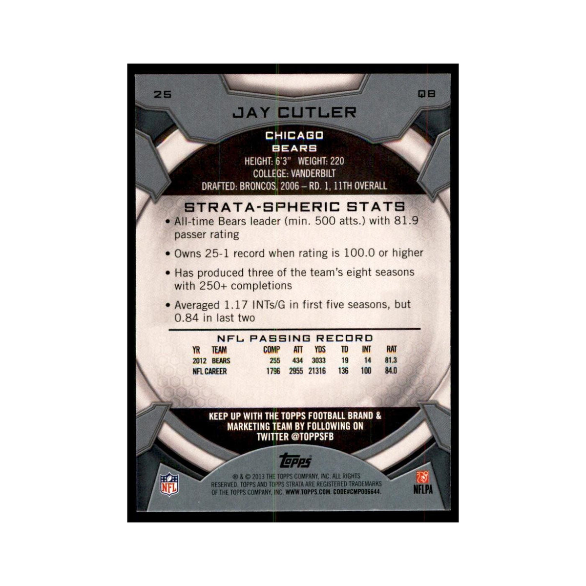 2013 Topps Strata Jay Cutler Football Cards #25