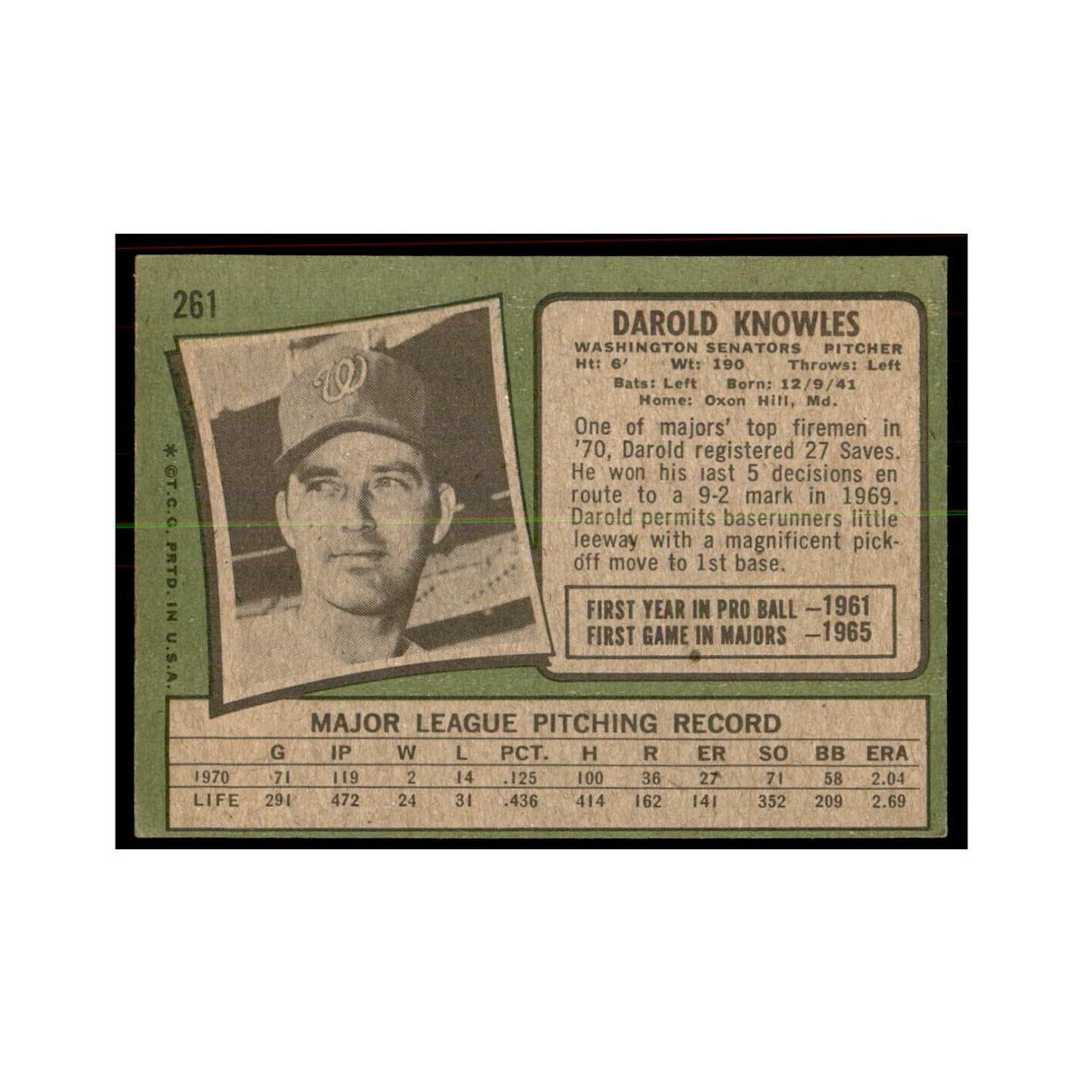1971 Topps Darold Knowles Baseball Cards #261