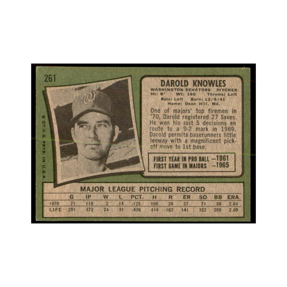 1971 Topps Darold Knowles Baseball Cards #261