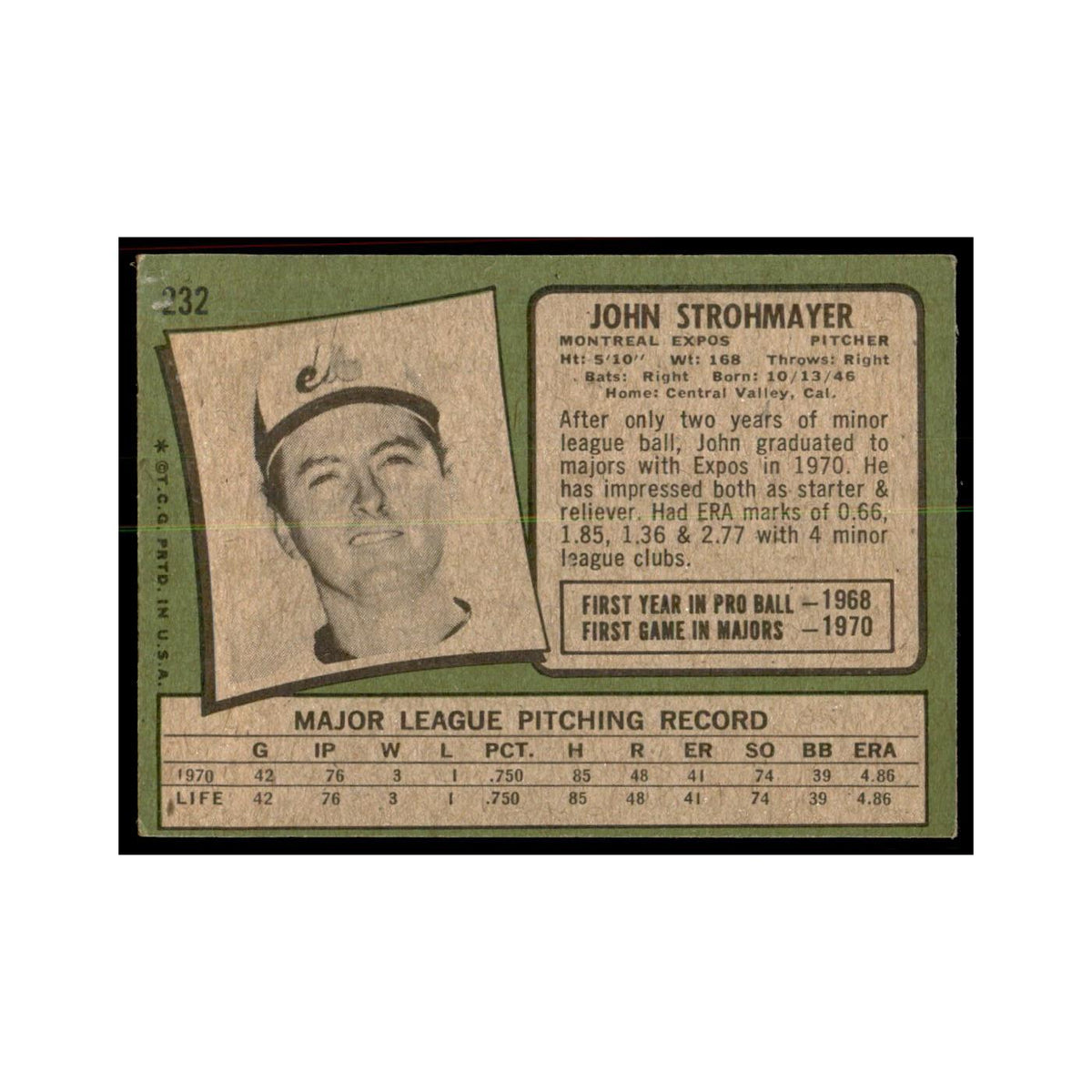 1971 Topps John Strohmayer Baseball Cards #232