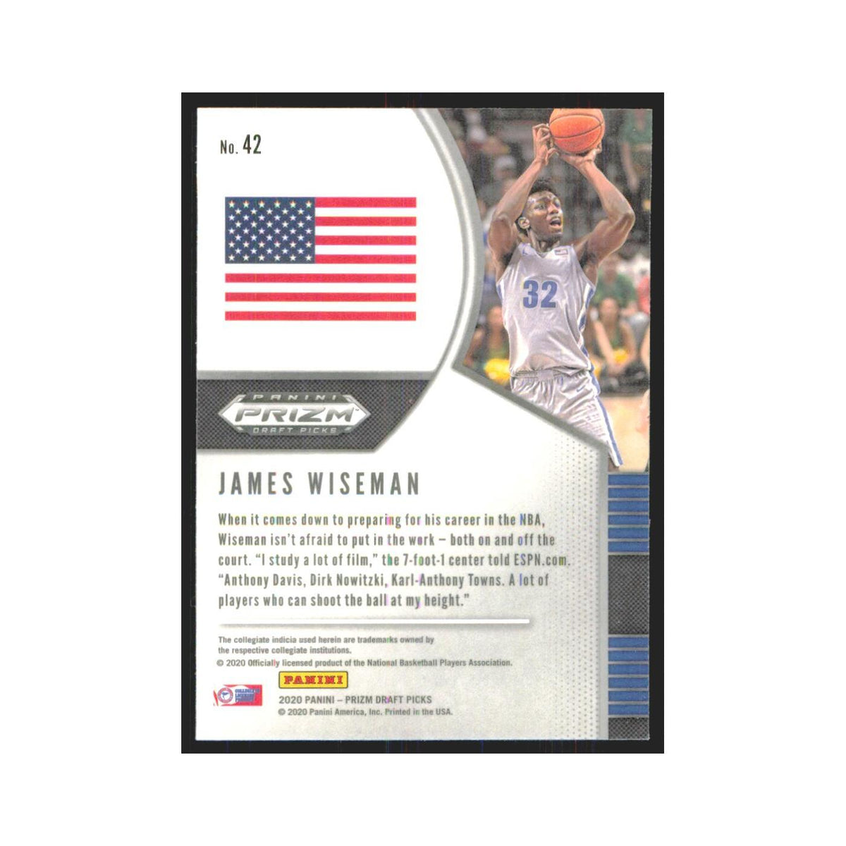 2020 Panini Prizm Draft James Wiseman RC Memphis Tigers #42