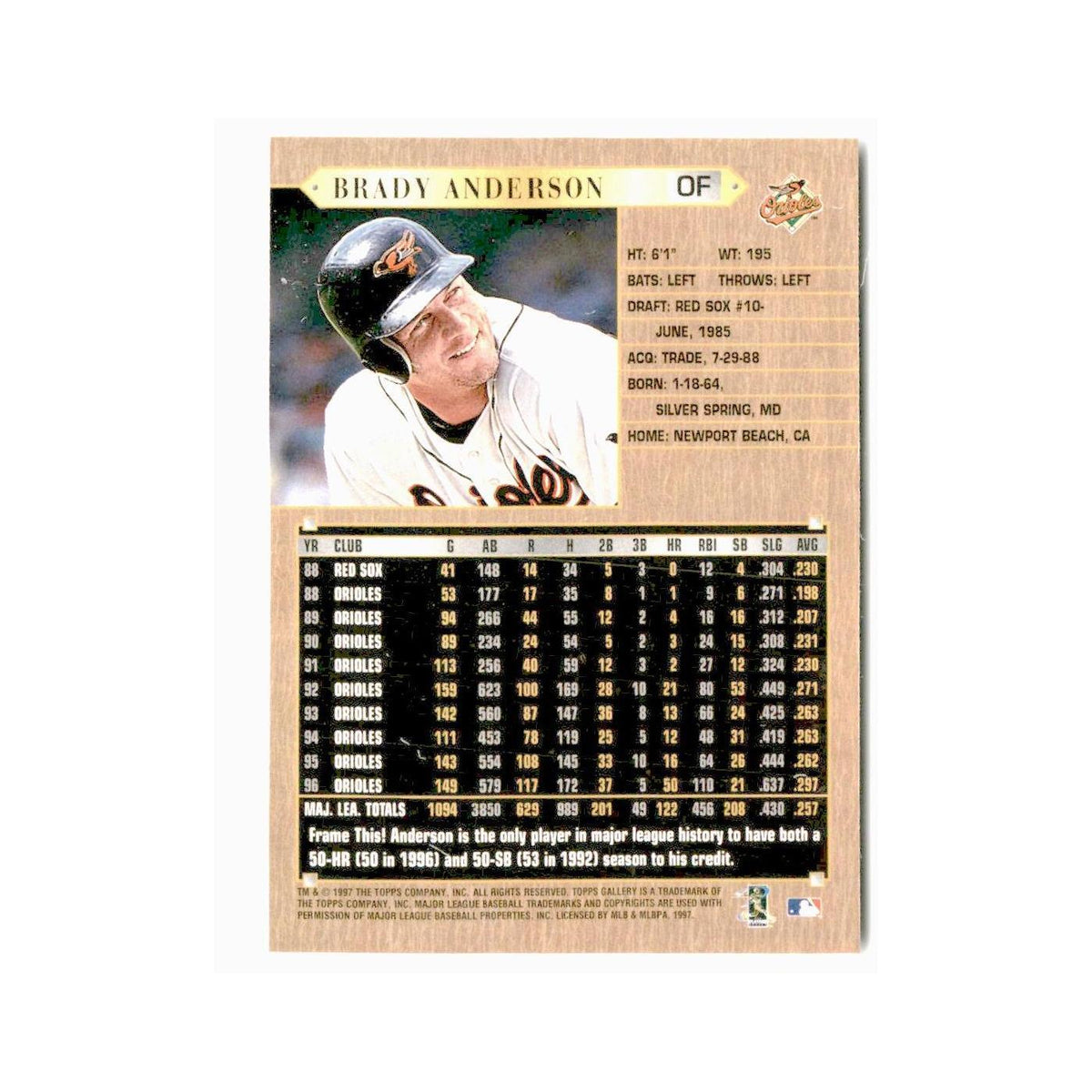 Brady Anderson 1997 Topps Gallery #57 Baltimore Orioles Baseball Card NM
