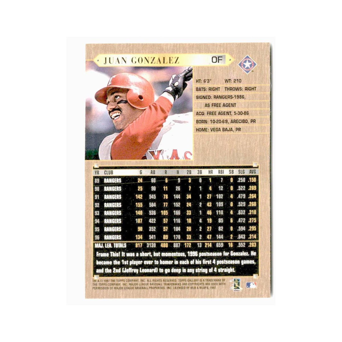 Juan Gonzalez 1997 Topps Gallery #73 Texas Rangers Baseball Card NM