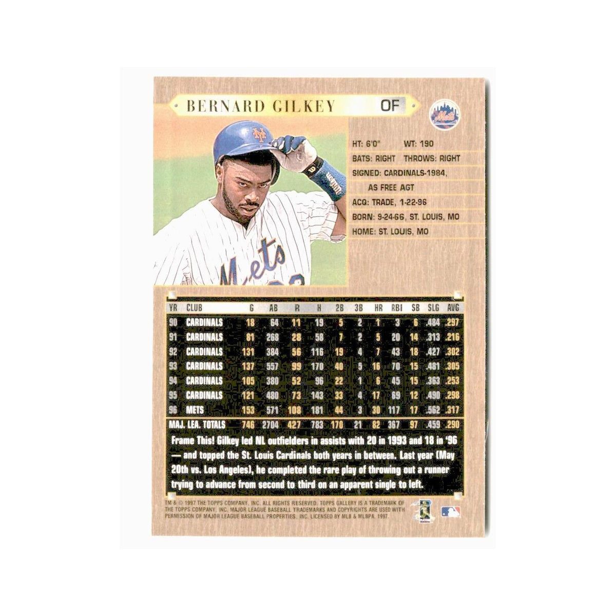Bernard Gilkey 1997 Topps Gallery #66 New York Mets Baseball Card NM