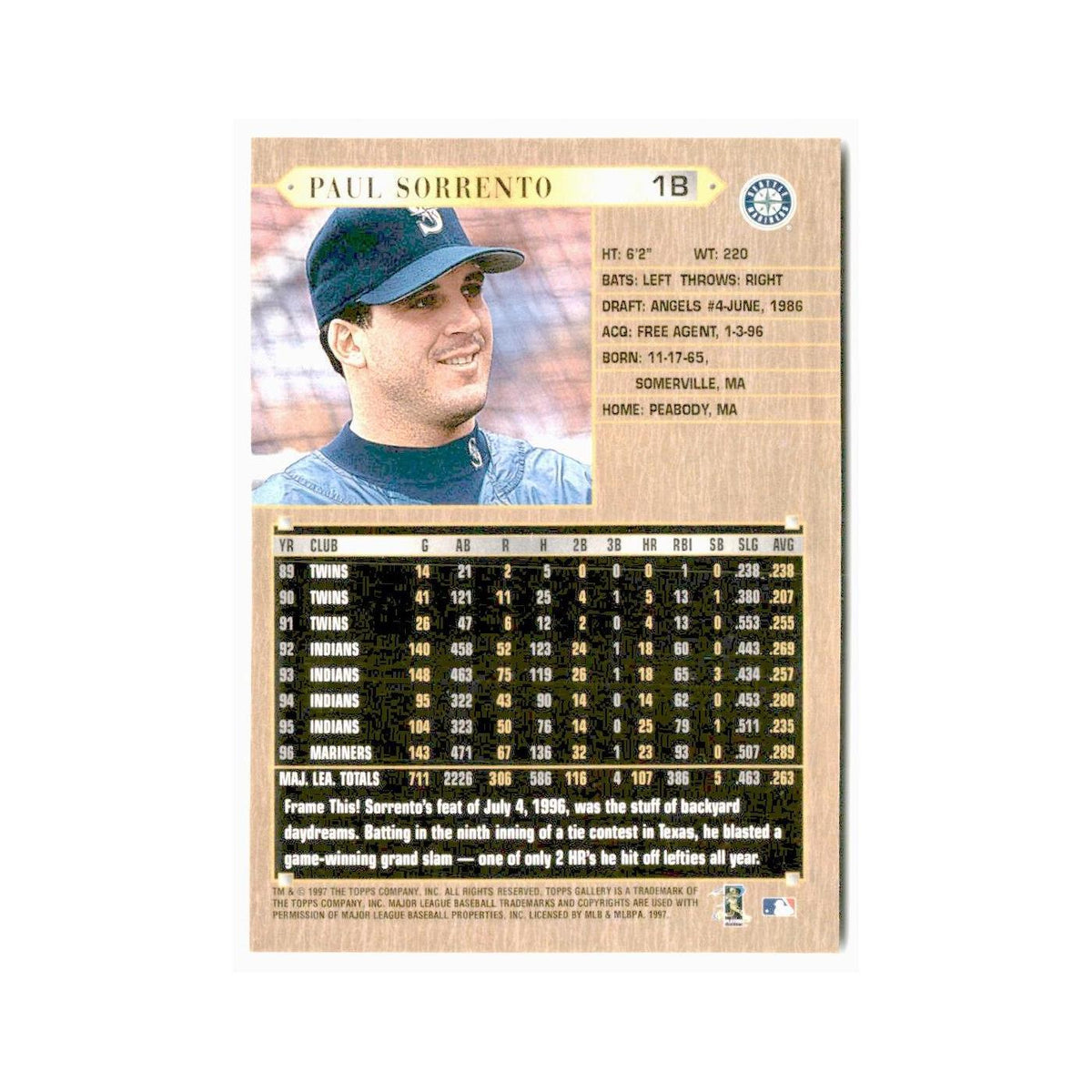 Paul Sorrento 1997 Topps Gallery #78 Seattle Mariners Baseball Card NM