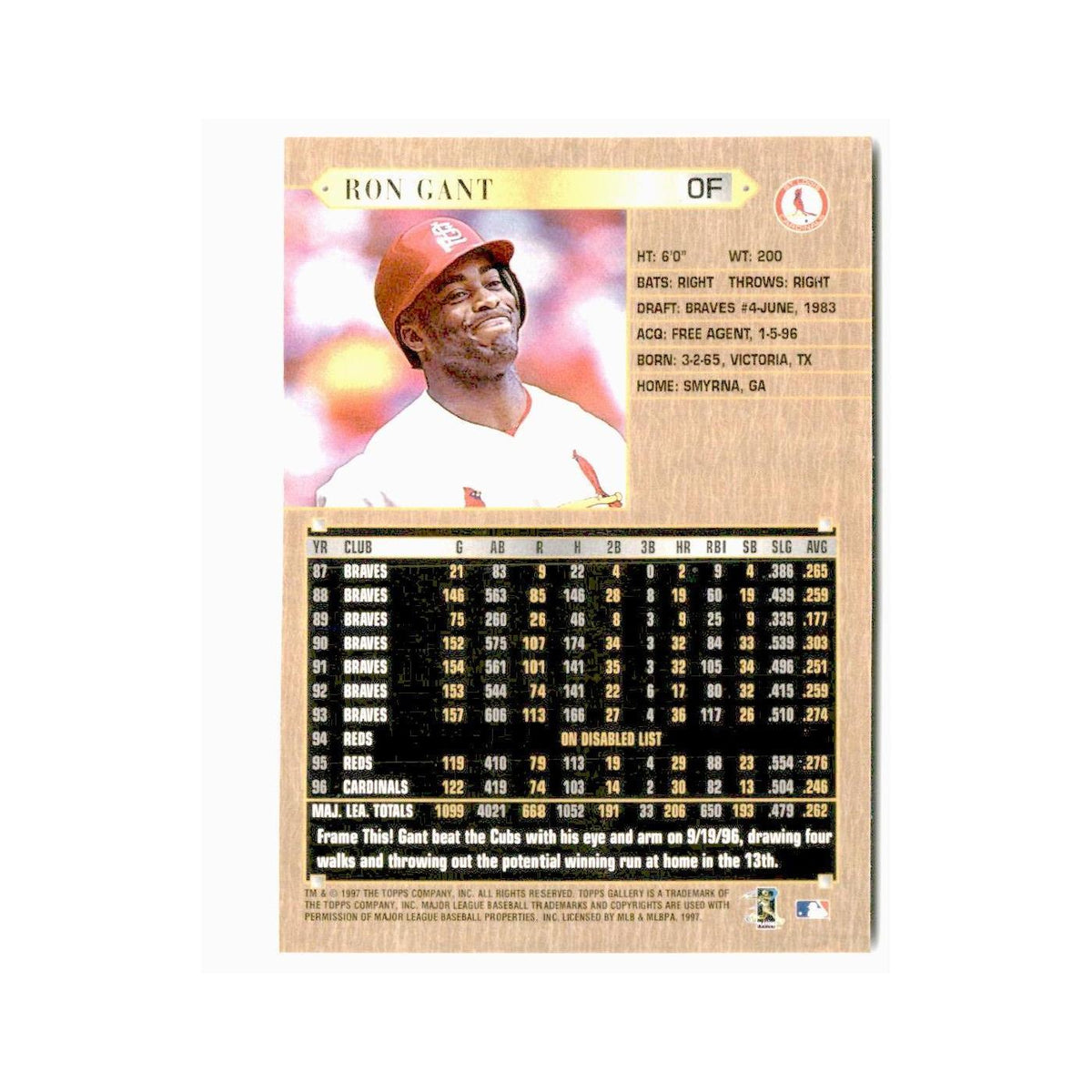 Ron Gant 1997 Topps Gallery #59 St. Louis Cardinals Baseball Card NM