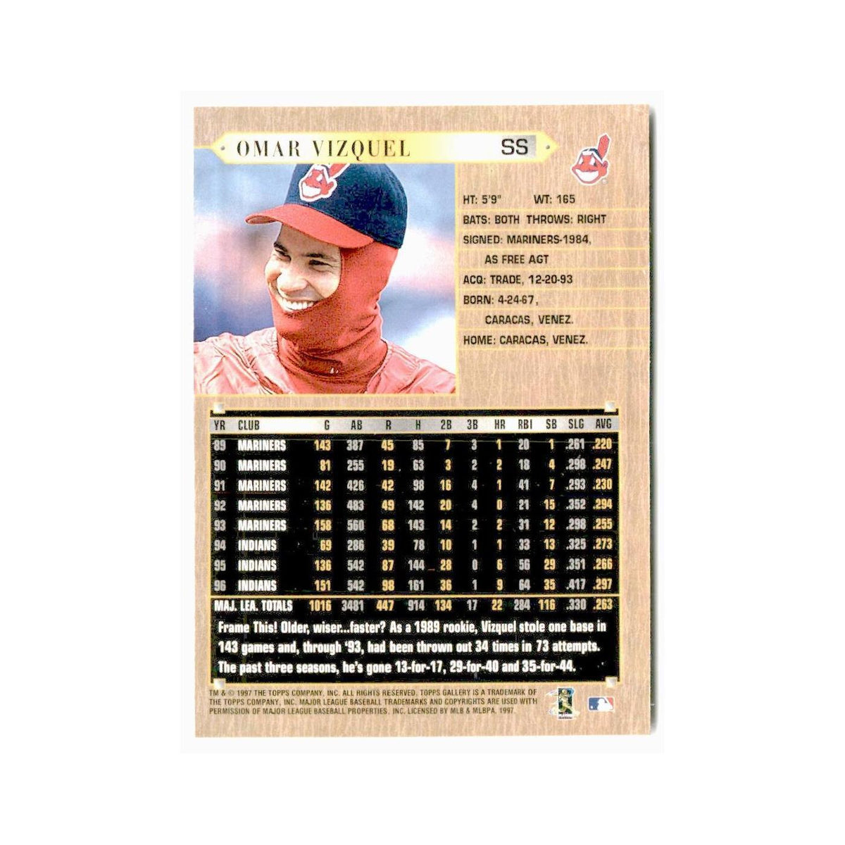 Omar Vizquel 1997 Topps Gallery #80 Cleveland Indians Baseball Card NM
