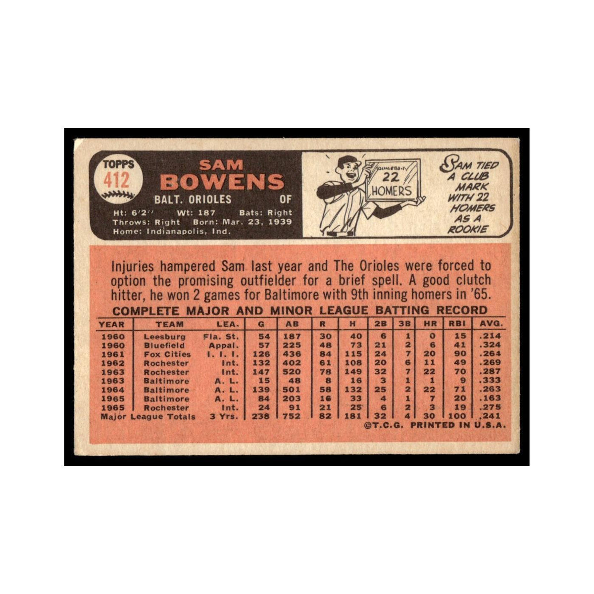 1966 Topps Baseball Card Sam Bowens Orioles #412