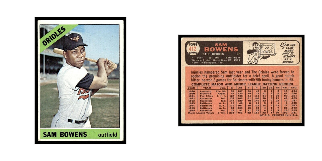1966 Topps Baseball Card Sam Bowens Orioles #412