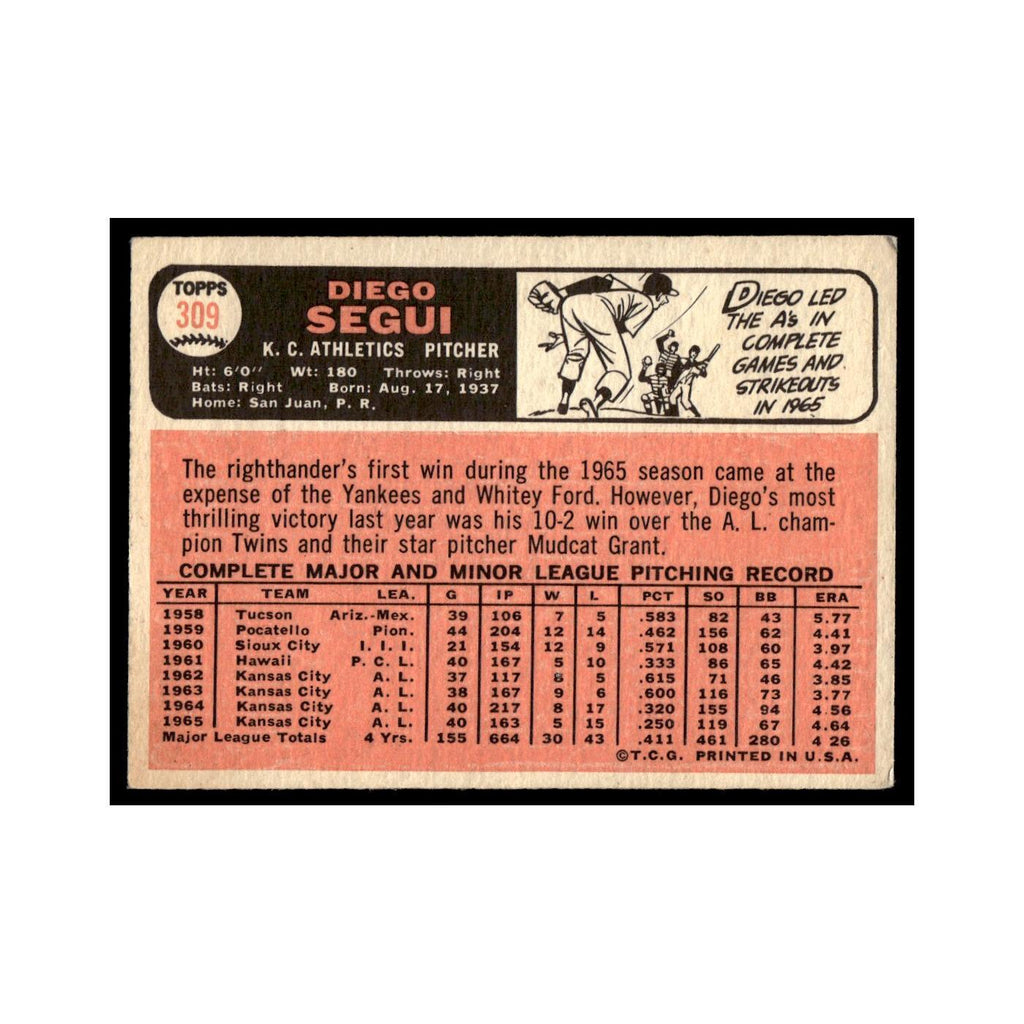 1966 Topps Baseball Card Diego Segui Kansas City Athletics #309