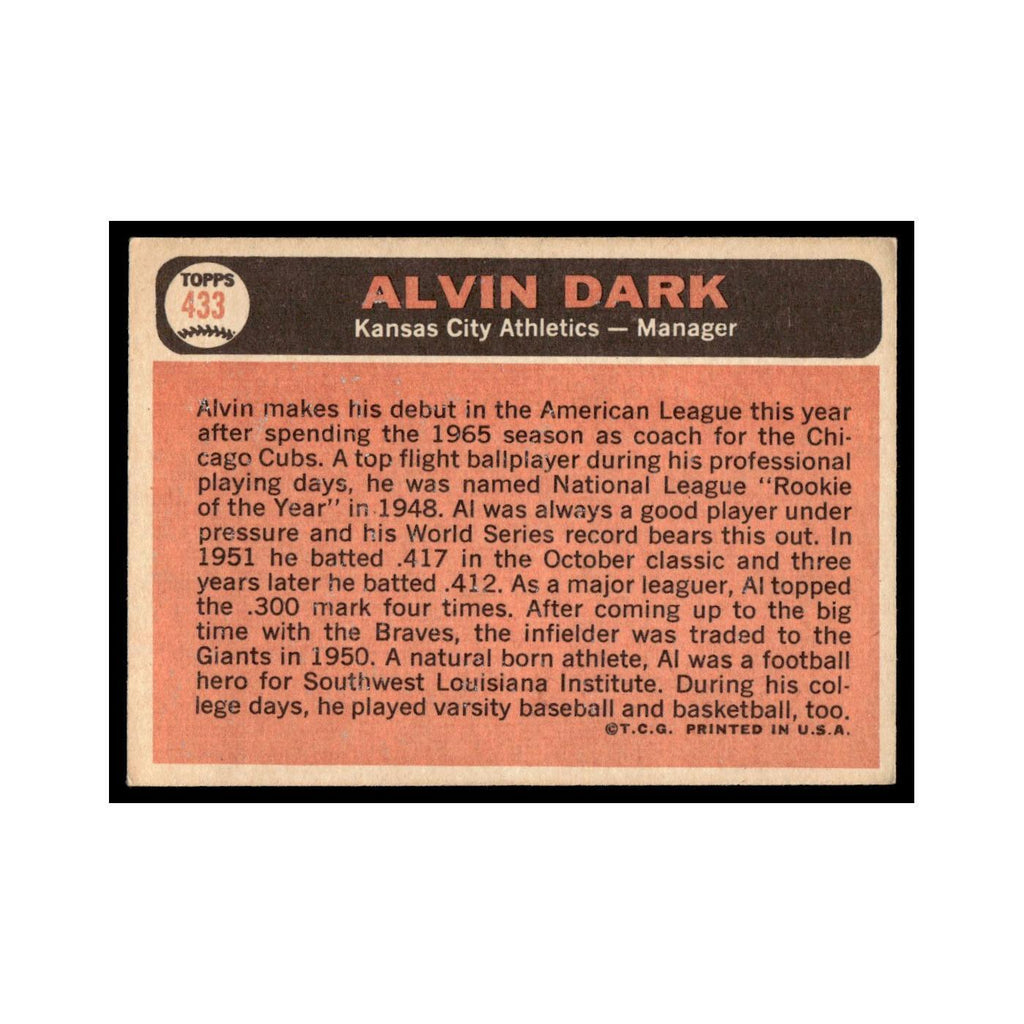 1966 Topps Baseball Card Alvin Dark Kansas City Athletics #433