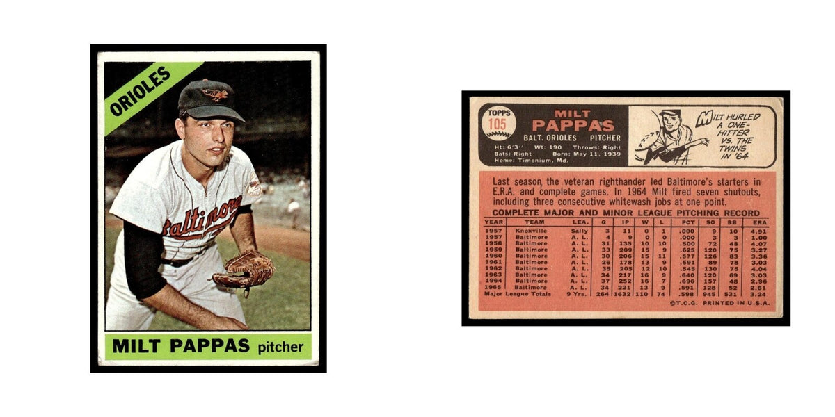 1966 Topps Baseball Card Milt Pappas Orioles #105