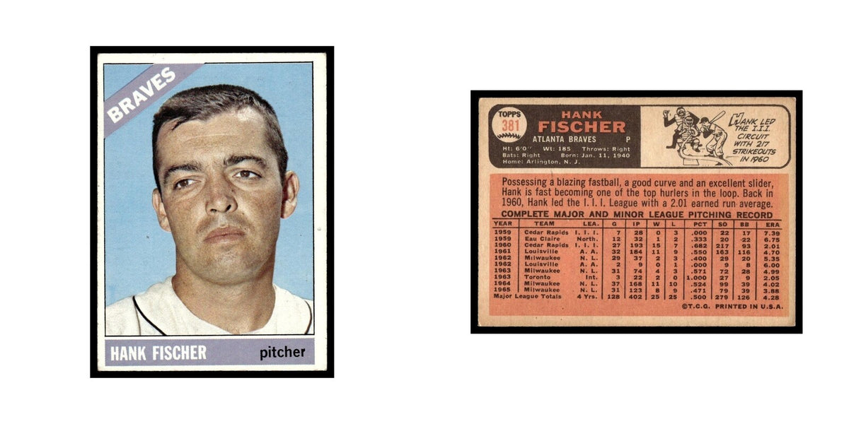 1966 Topps Baseball Card Hank Fischer Braves #381