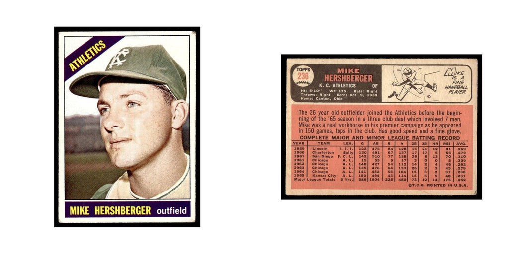 1966 Topps Baseball Card Mike Hershberger Kansas City Athletics #236