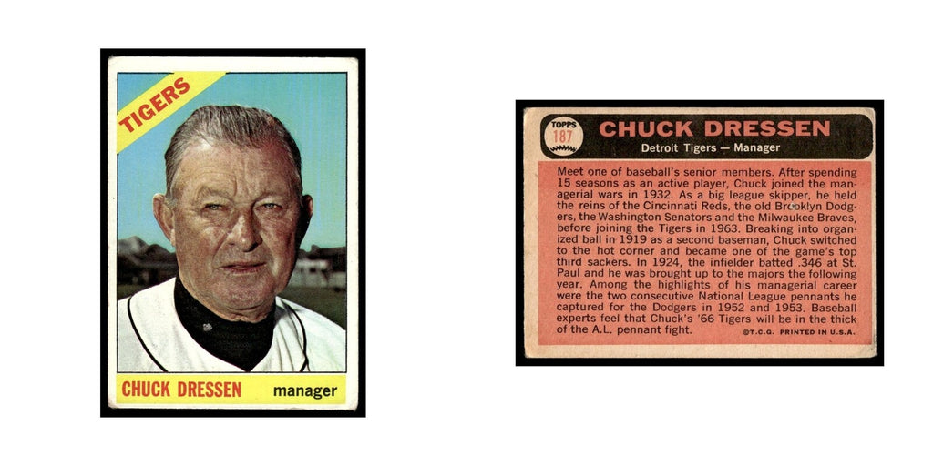 1966 Topps Baseball Card Chuck Dressen Tigers #187