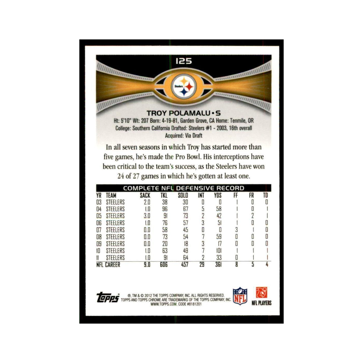 2012 Topps Chrome Troy Polamalu Football Cards #125