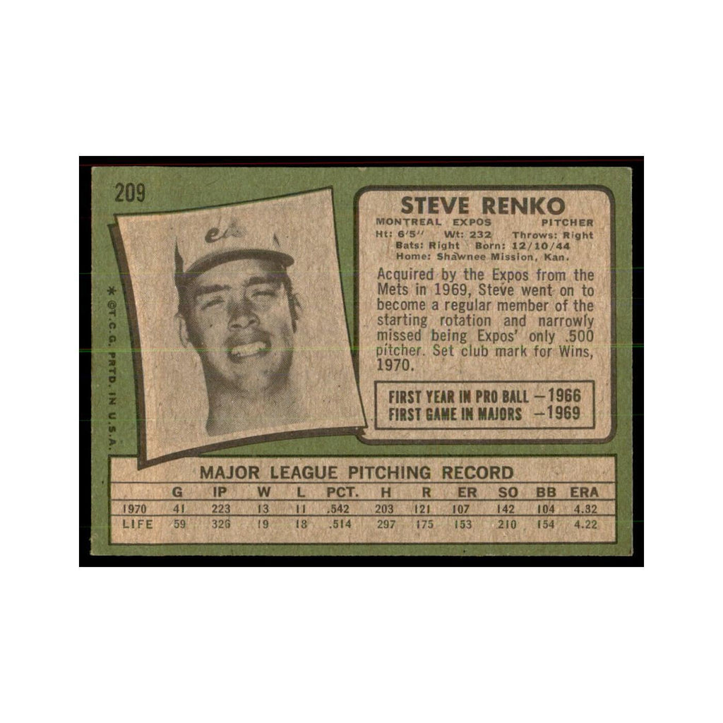 1971 Topps Steve Renko Baseball Cards #209