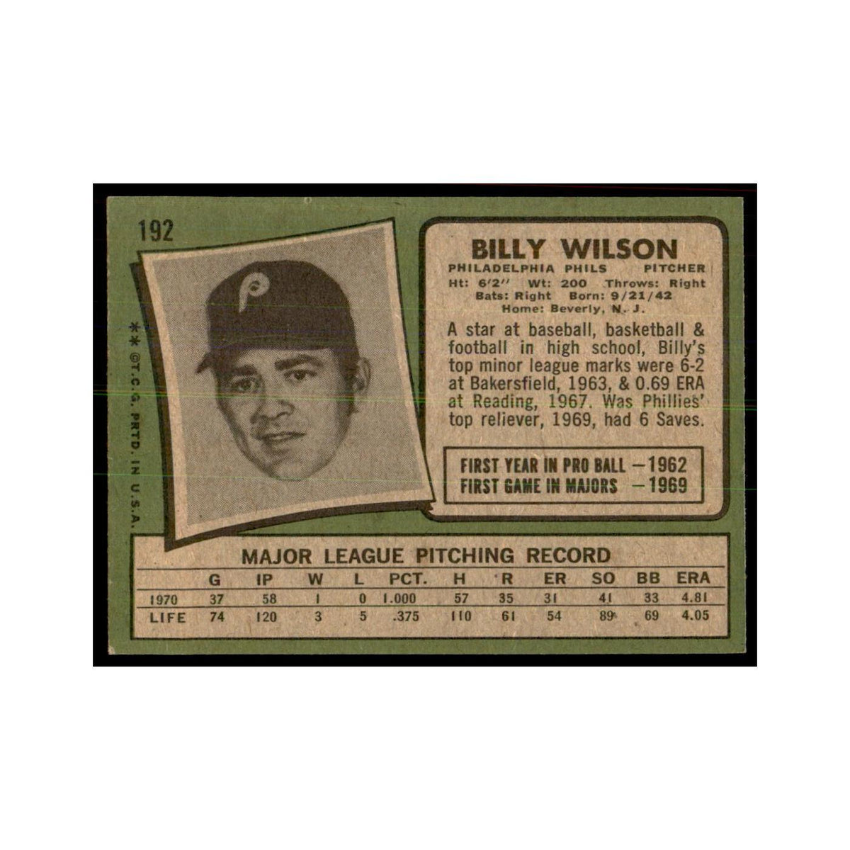 1971 Topps Billy Wilson Baseball Cards #192