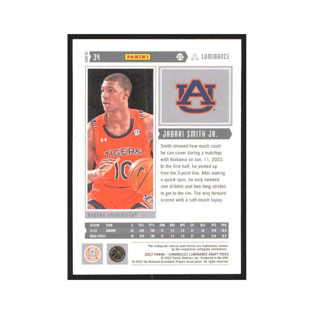 2022 Panini Chronicles Luminace Draft Jabari Smith Jr. RC Auburn University #34