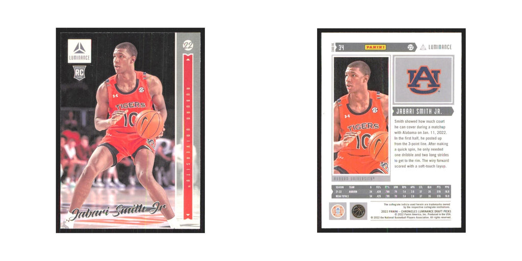 2022 Panini Chronicles Luminace Draft Jabari Smith Jr. RC Auburn University #34