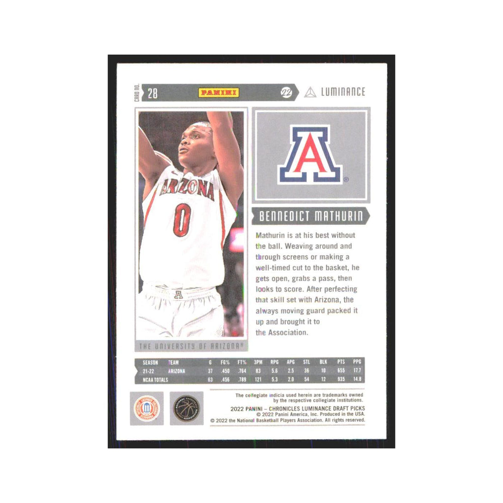 2022 Panini Chronicles Luminace Draft Bennedict Mathurin RC Arizona Wildcats #28